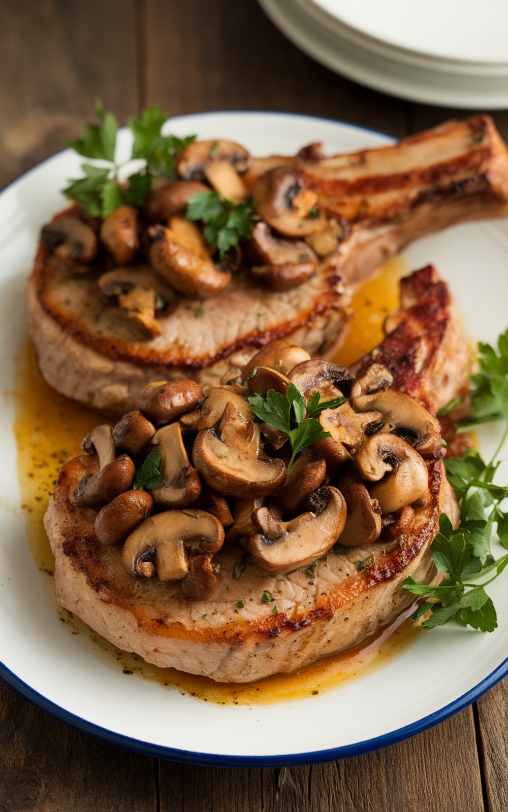 Savory Roasted Pork Chops with Mushroom Medley Recipe Roasted pork chops with a medley of mushrooms, garnished with parsley on a rustic table.